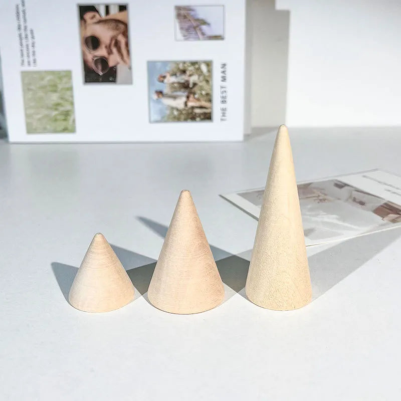 Retro Wooden Ring Display Stand Cone Shape Jewelry Creative Showcase Simple Style Nordic Craft Accessory Photo Prop