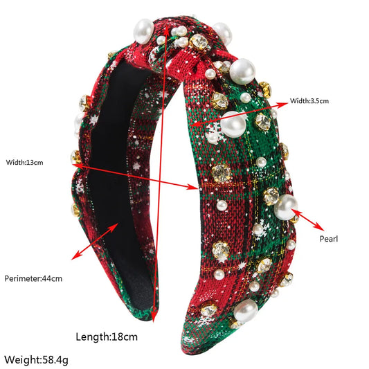 Creative Christmas Series Headband Color Block Plaid Fabric Knot Wide Edge Pearl Embedded Fashionable Women's Hair Accessories