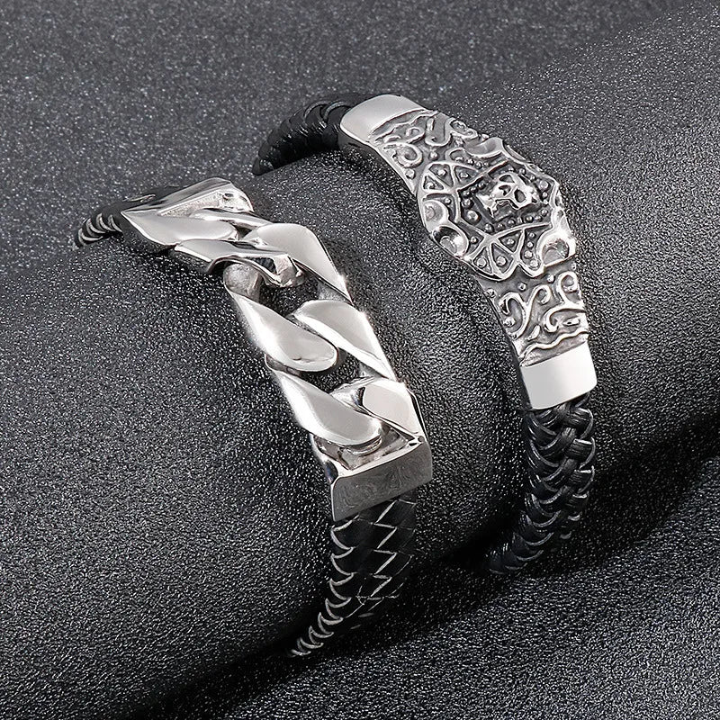 hip-hop retro color block pu leather titanium steel braid men's bangle