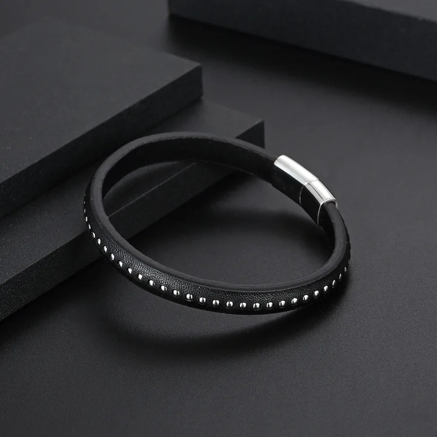 Hip-Hop Retro Solid Color 304 Stainless Steel Pu Leather Polishing Men's Bangle