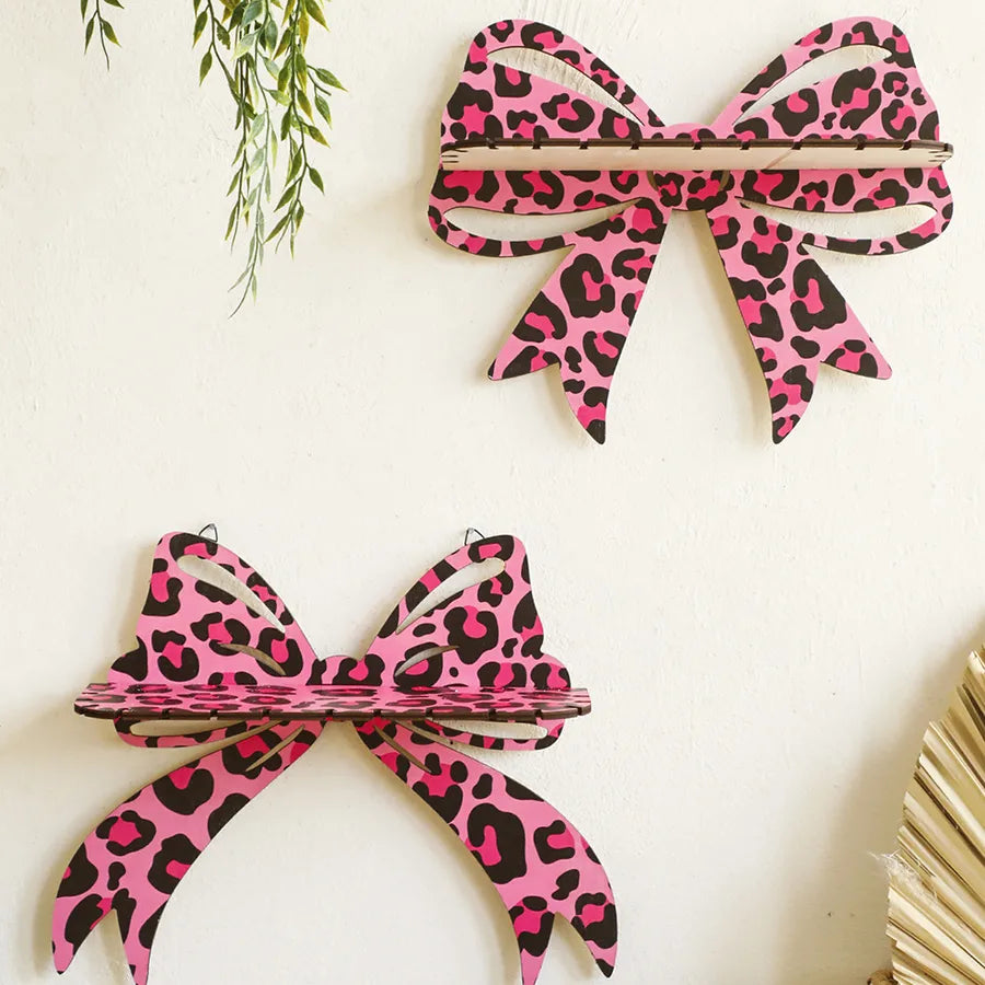 Cute Bow Knot Leopard Wood Storage Rack Wall Art