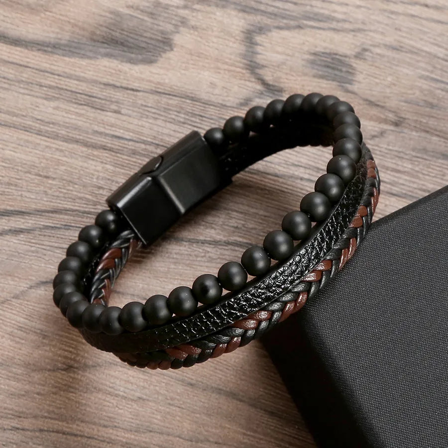 Simple Style Geometric Pu Leather Alloy Beaded Men's Bangle