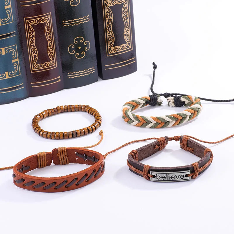 Vintage Style Classic Style Geometric Letter Pu Leather Woven Chain Wrap Bracelets Wholesale