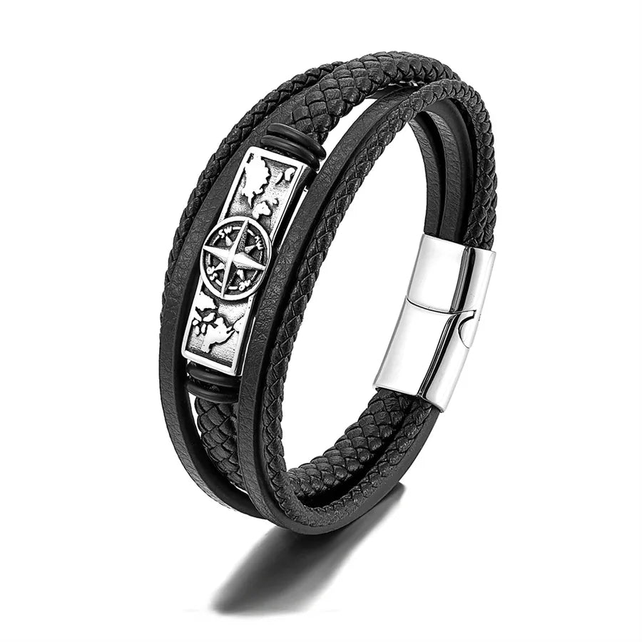 New Fashion Multi-Layer Leather Cord Bracelet Retro Men's Stainless Steel Leather Bracelet Punk Jewelry