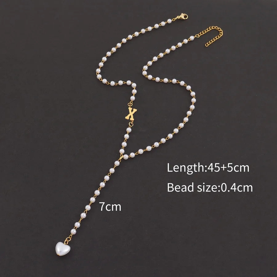 Casual Simple Style Classic Style letter Heart Shape 304 Stainless Steel Artificial Pearl Beaded Chain Y-necklaces Wholesale