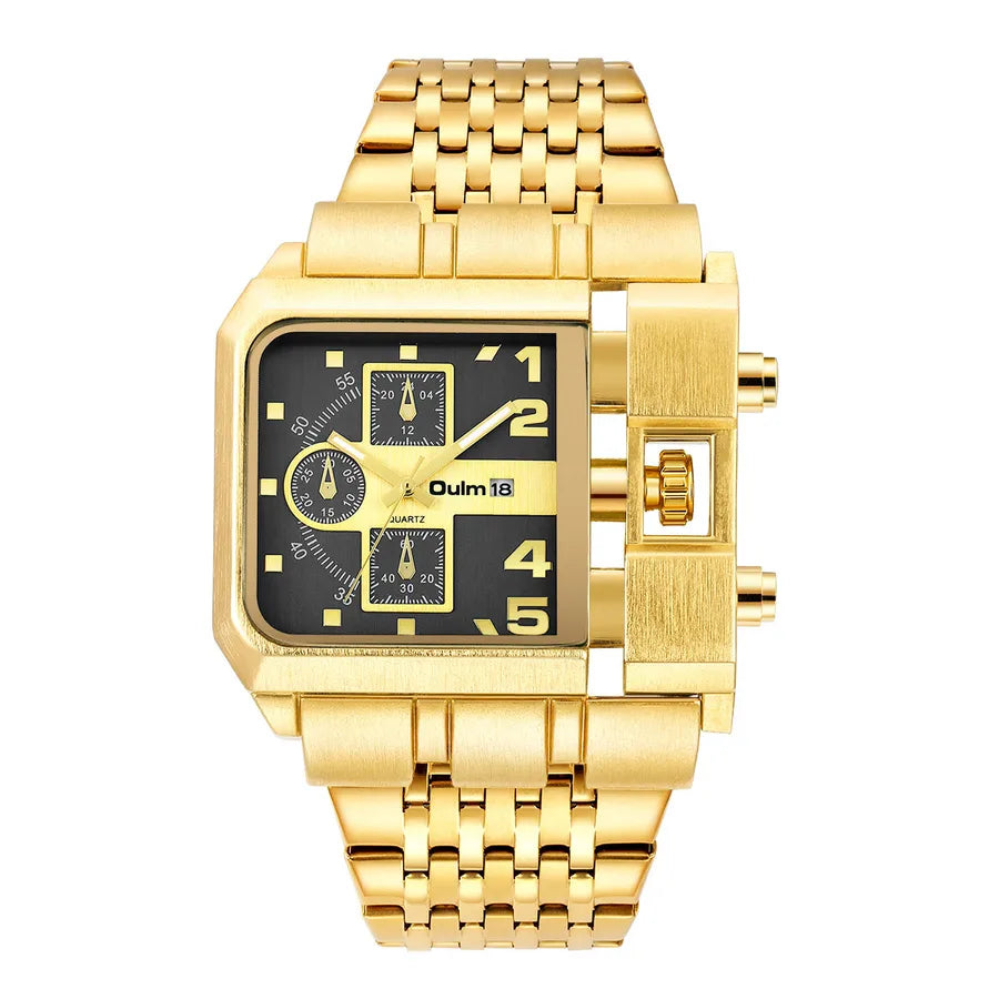 Oulm gold large dial men's watch steel band calendar square quartz men's watch leisure style wrist