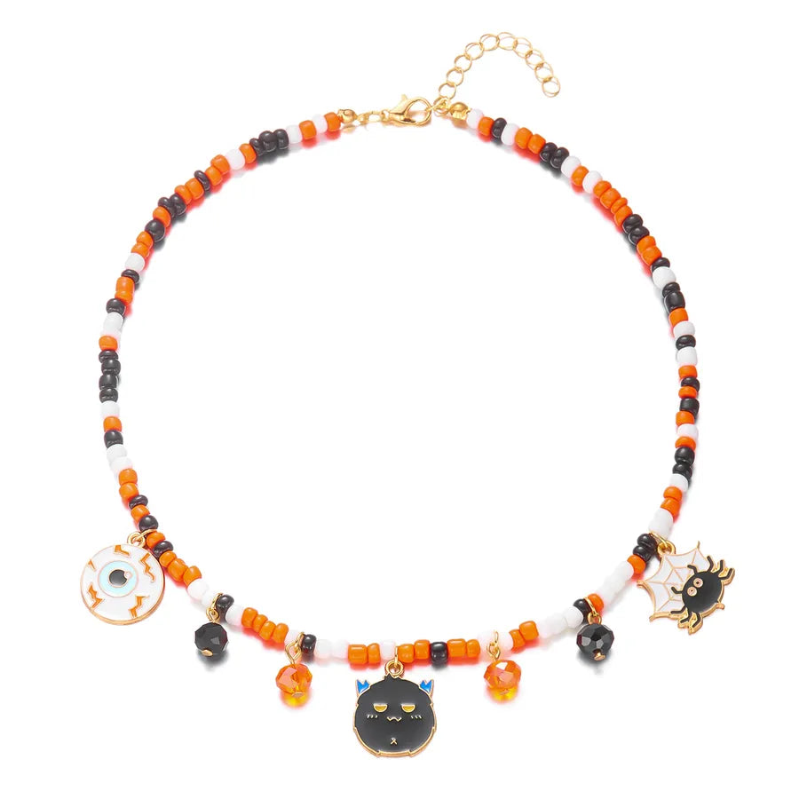 Handmade Halloween Necklace Ghost Spider Pendant Color Matched Pumpkin Design Zinc Alloy Women's Jewelry Accessory