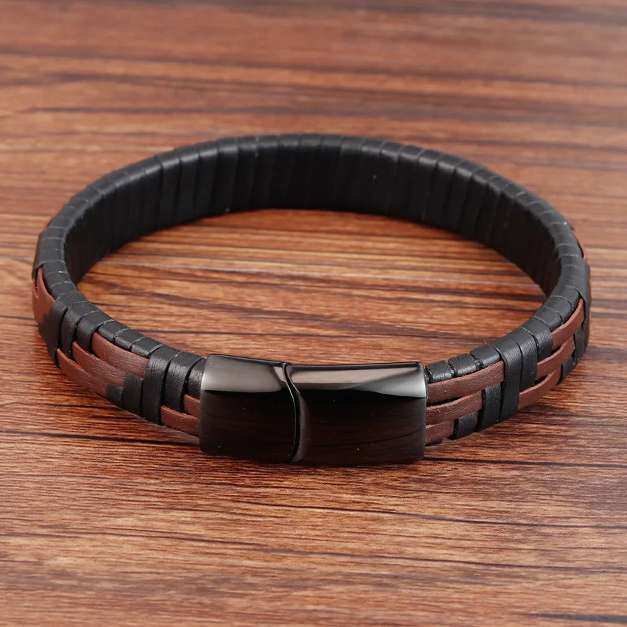 Vintage Style Classic Style Geometric 316L Stainless Steel Pu Leather Woven Chain Wrap Bracelets Wholesale