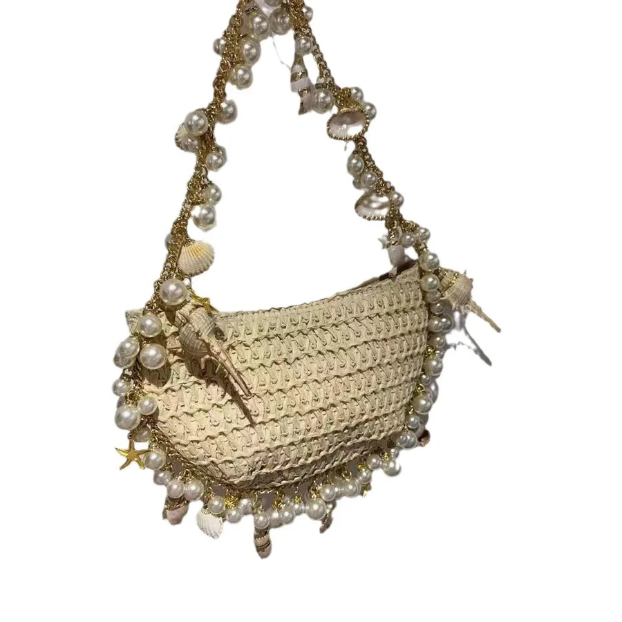 Women's Straw Starfish Pearl Shell Streetwear Weave Semicircle Zipper Straw Bag