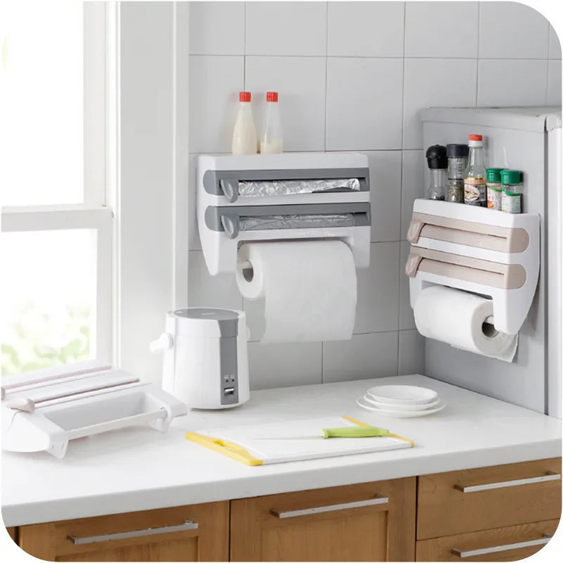 Multifunctional Plastic Wrap Cutter Wall Hanging Kitchen Towel Rack Slip Knife Type Tin Foil Cutter Box Storage Rack