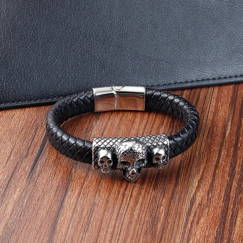 Retro Skull Pu Leather Titanium Steel Woven Chain Wrap Bracelets Wholesale