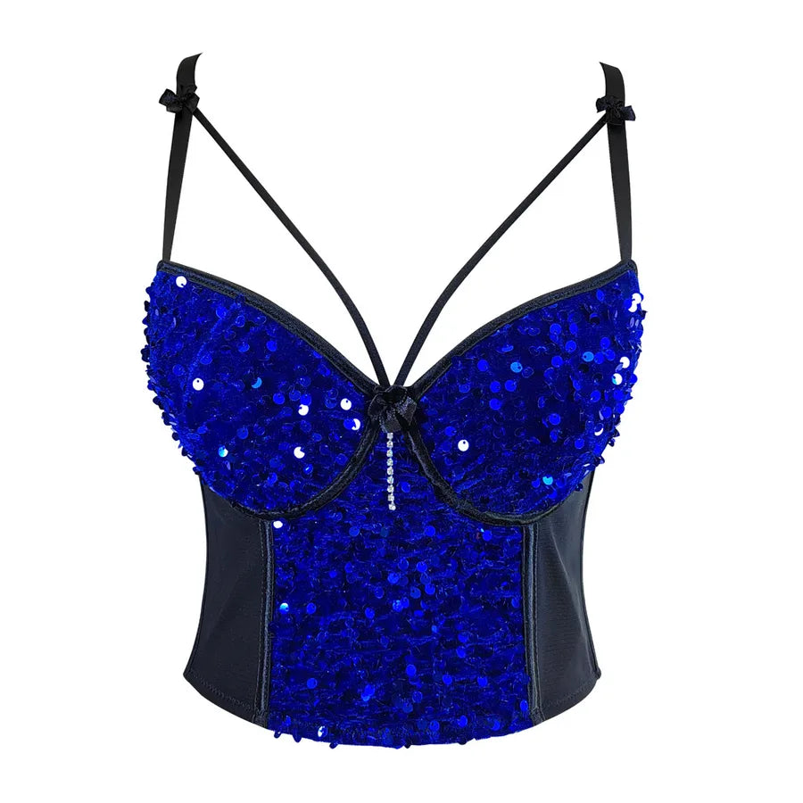 Europe and the United States mesh stitching velvet sequins underwear short chest tight wrap sexy beads embroidered suspenders