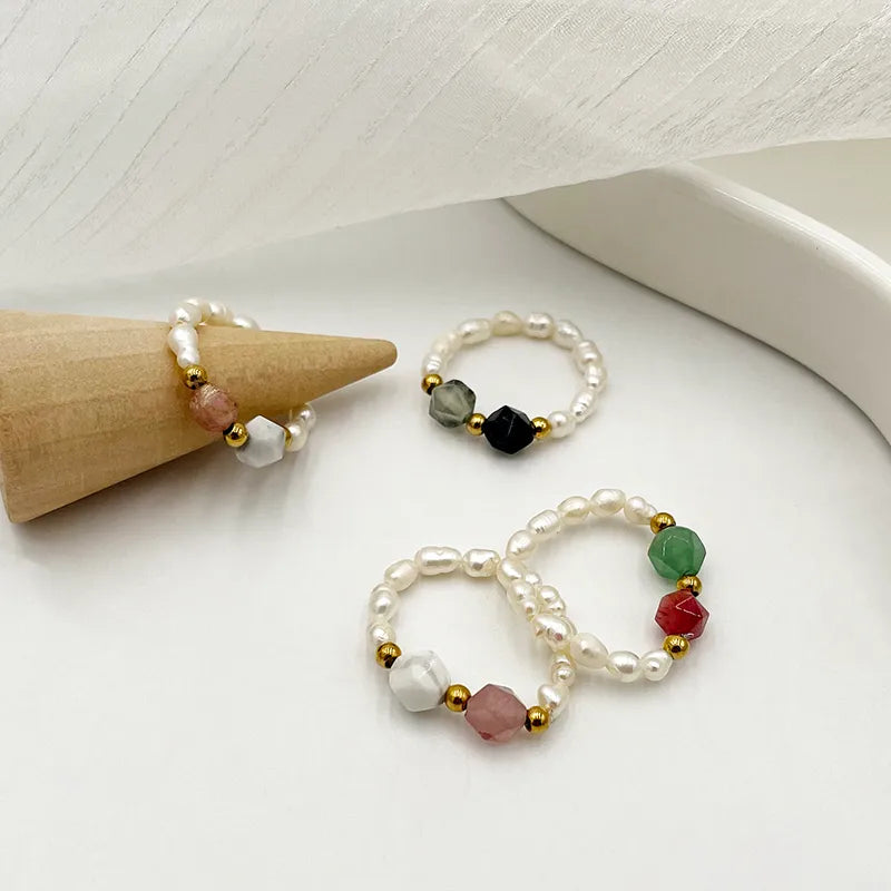Elegant Simple Style Round Pearl Beads natural stone Freshwater Pearl Haematite Wholesale Rings
