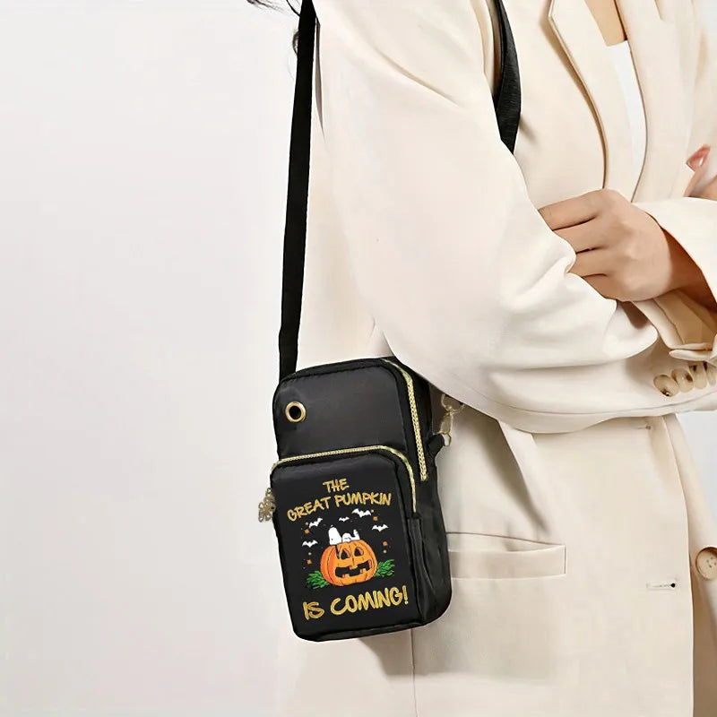 Mini Halloween Pumpkin Pattern Crossbody Bag Neck Hanging Single Shoulder Bag For Men And Women Outdoor Travel Nylon Square Bag