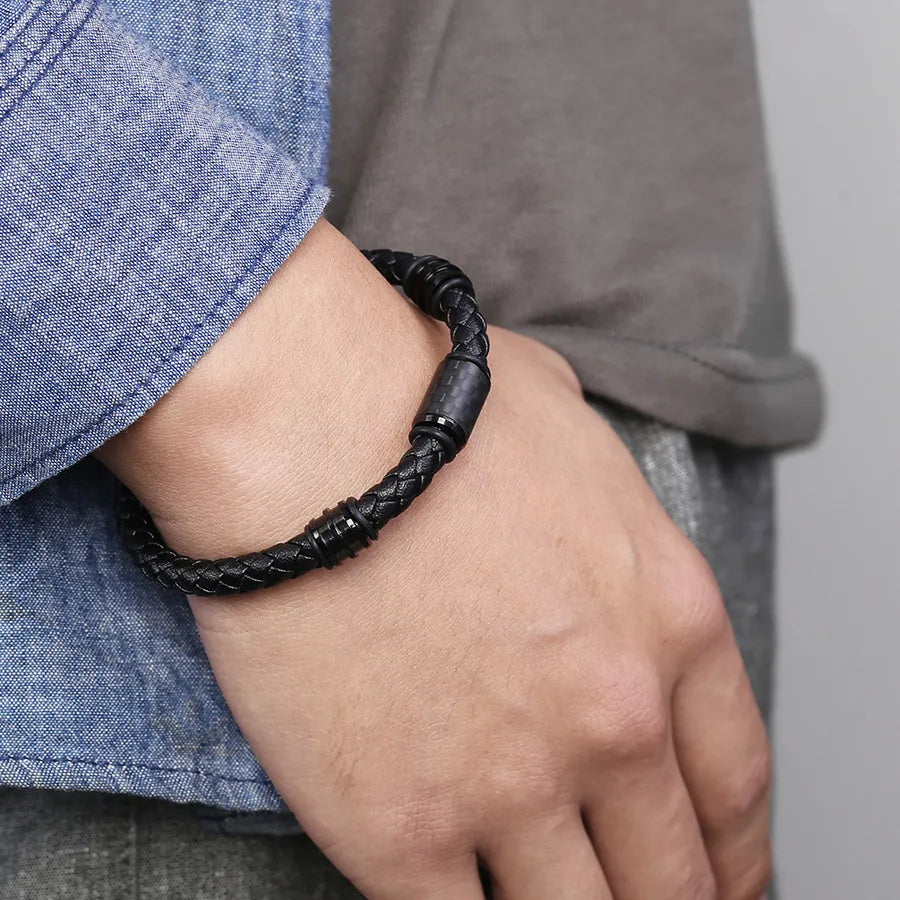 Men's Solid Carbon Fiber Leather Bracelet Wrist Ring in Stock Wholesale Titanium Steel Ornament Support One Piece Dropshipping