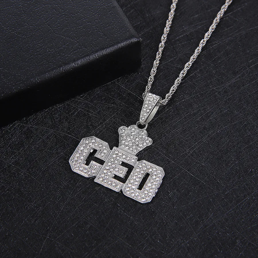 Hip Hop Style Diamond Crown Letters CEO Pendant Necklace for Men Cuban Link Chain Necklace Wholesale