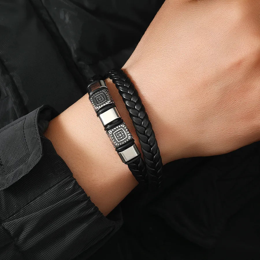 Classic Style Solid Color Pu Leather Alloy Irregular Men's Bangle Men Cord & Leather Bracelets