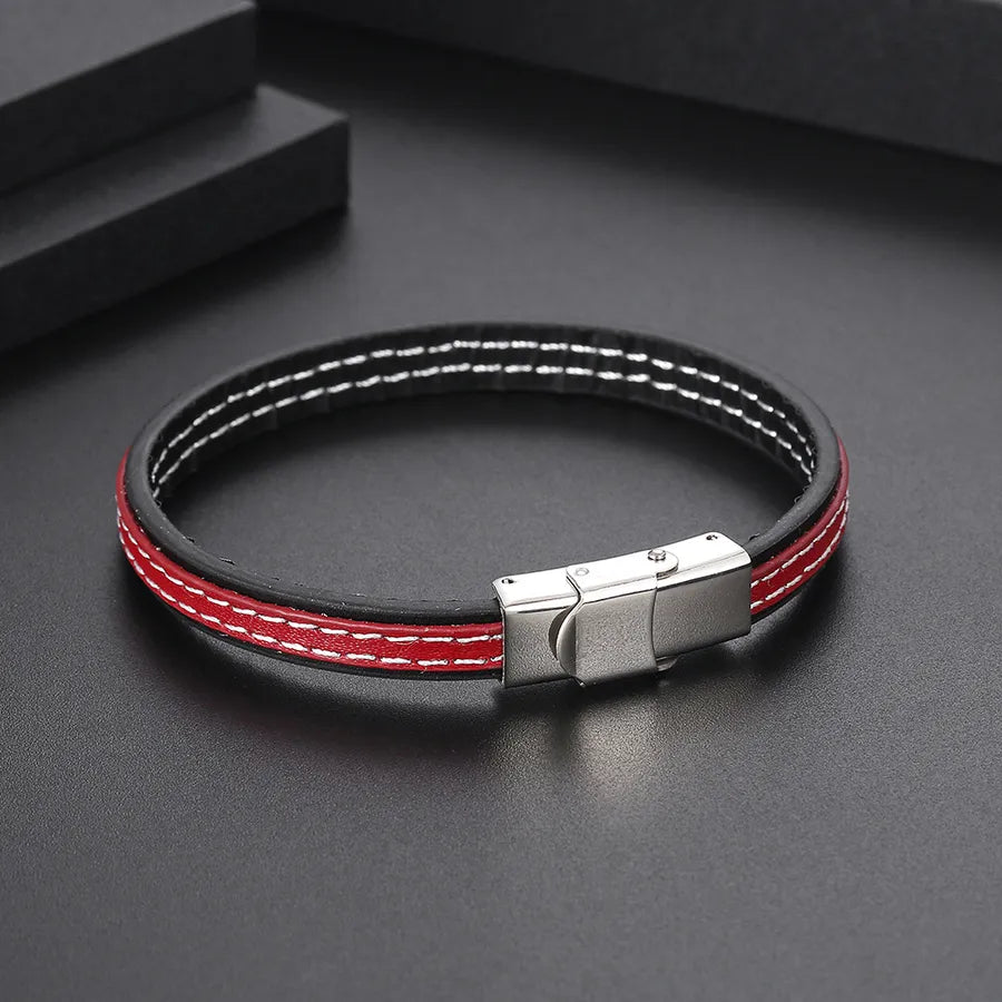 Casual Color Block 304 Stainless Steel Pu Leather Polishing Men'S Bracelets