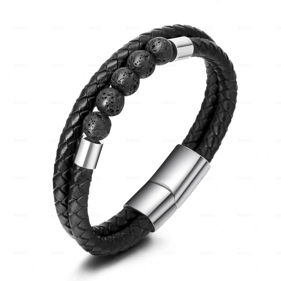 Retro Simple Style Geometric 304 Stainless Steel Cowhide Beaded Layered Stoving Varnish Men's Bangle Men Cord & Leather Bracelets