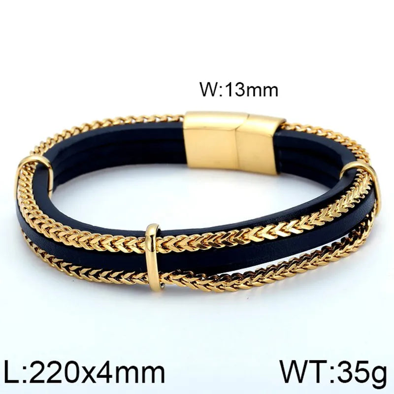 Hip-Hop Retro Color Block Stainless Steel Pu Leather Plating Chain 18K Gold Plated Men's Bangle