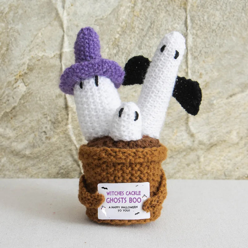 Halloween Knitted Funny Expression Doll Positive Energy Card Ghost Potted Plant Decoration Cotton Material Toy