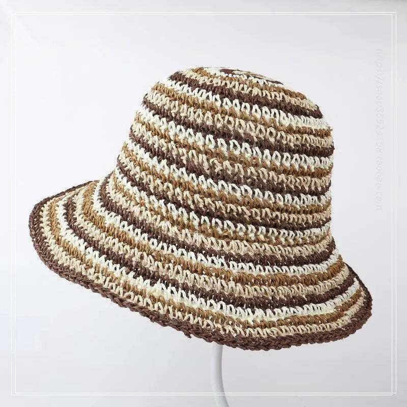 Women's Sweet Simple Style Color Block Wide Eaves Bucket Hat Straw Hat