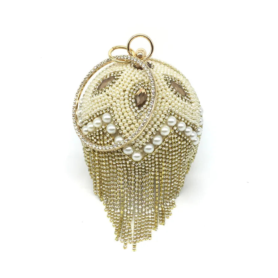 gold silver rhinestone solid color tassel pearl round evening bags
