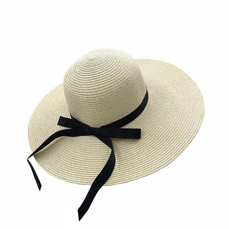 women's vacation solid color bowknot big eaves straw hat