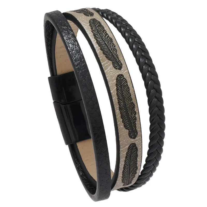 Retro Punk Solid Color Pu Leather Handmade Men's wristband Men Cord & Leather Bracelets