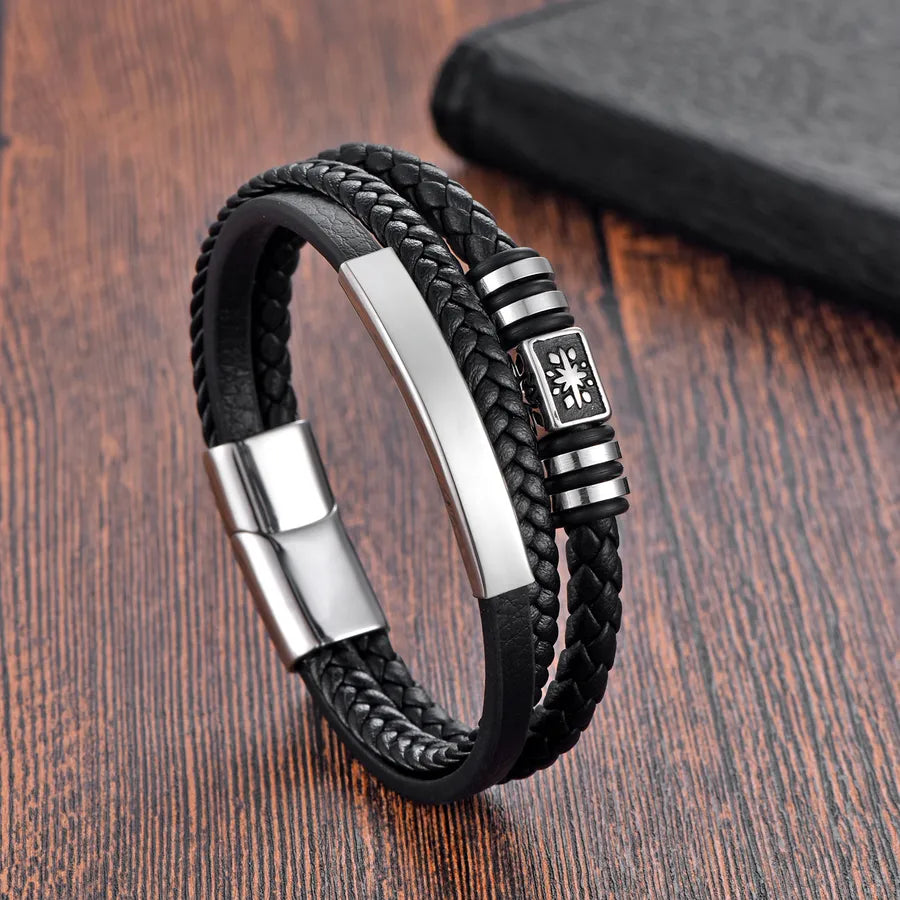 Hip-Hop Geometric Solid Color 316 Stainless Steel Leather Wholesale Bracelets
