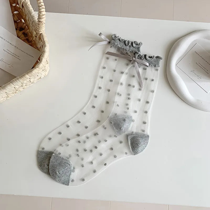 A Pair Cute Modern Style Women's Polka Dots Bow Knot Nylon Crew Socks