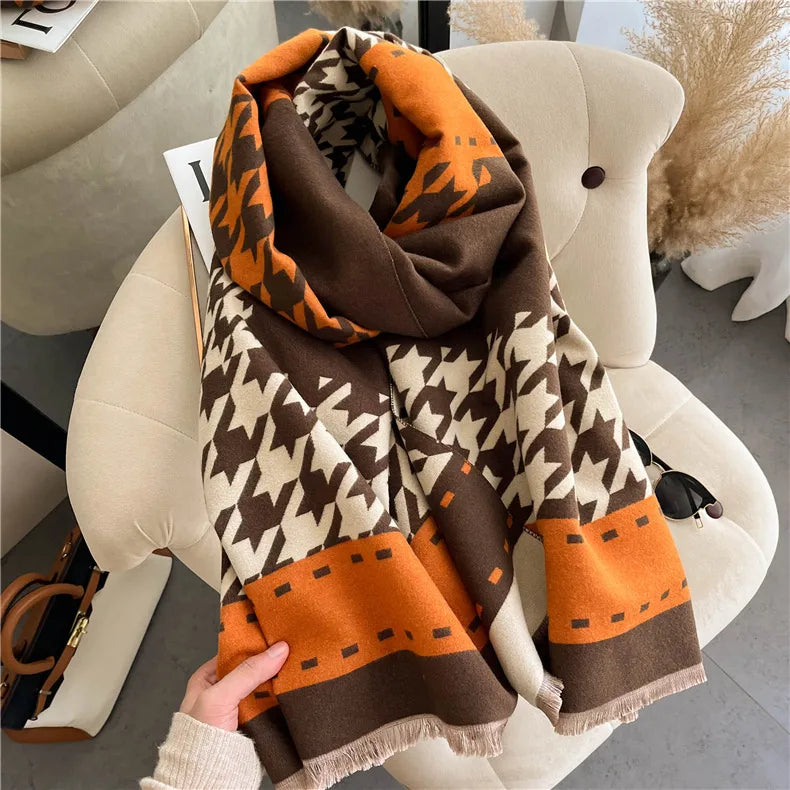 Women's Sweet Simple Style Houndstooth Color Block Imitation cashmere Tassel Scarf
