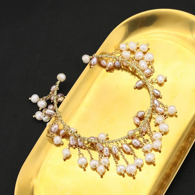 retro round freshwater pearl copper patchwork plating 18k gold plated bracelets