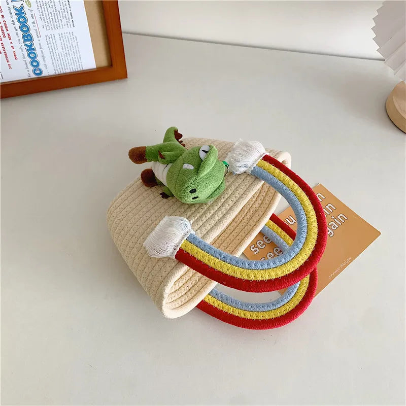 Women's Braid Cartoon Rainbow Dinosaur Cute Square Open Handbag