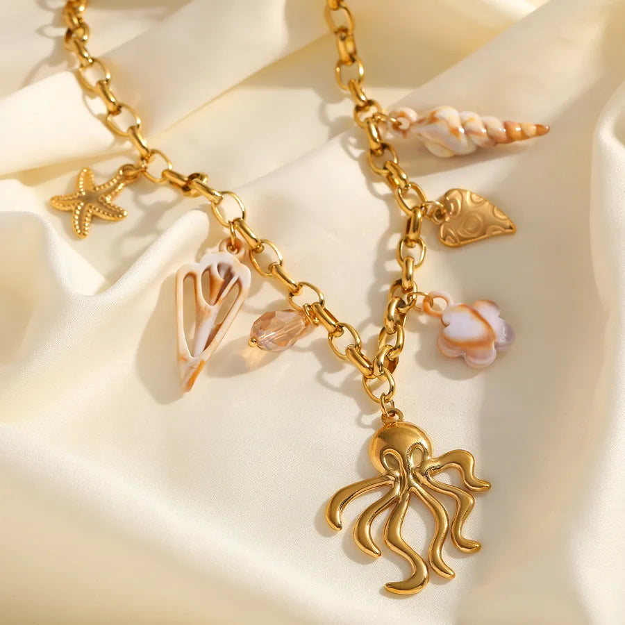 Wholesale Jewelry Casual Elegant Cute Geometric Starfish Conch 304 Stainless Steel Acrylic 18K Gold Plated Plating Inlay cable chain Multi Charms Necklace