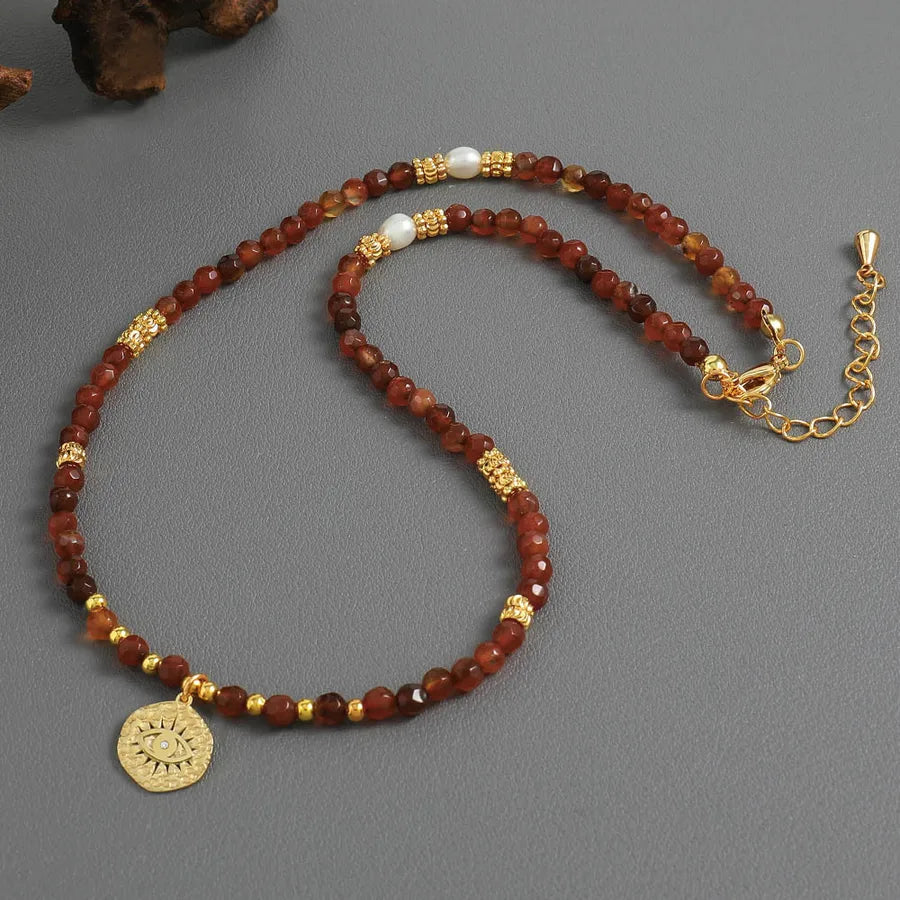 retro color block natural stone freshwater pearl titanium steel beaded necklace