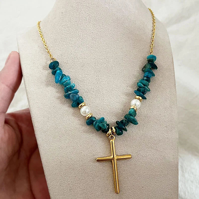 Retro Cross natural stone Titanium Steel Pendant Necklace In Bulk