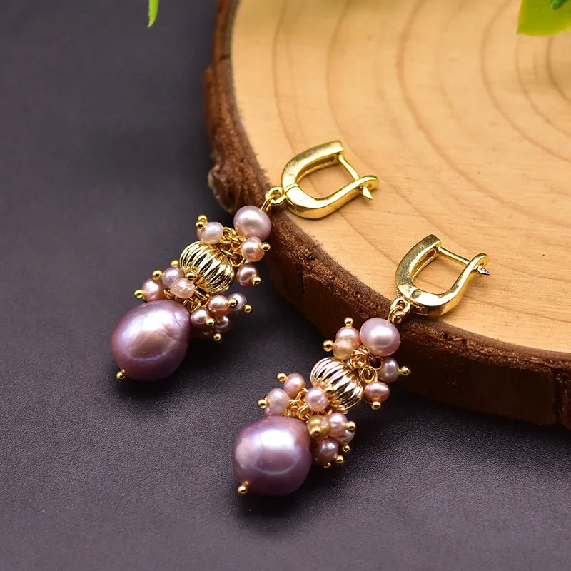 1 Pair 18K Gold Plated Freshwater Pearl Copper Zircon Flower Drop Earrings