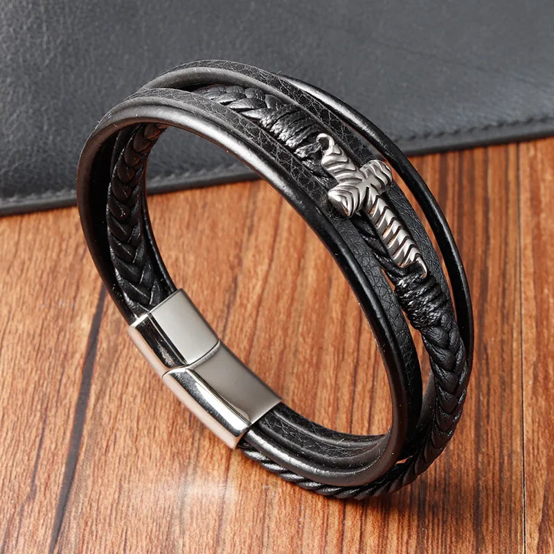 Vintage Style Classic Style Geometric Pu Leather Titanium Steel Woven Chain Wrap Bracelets Wholesale