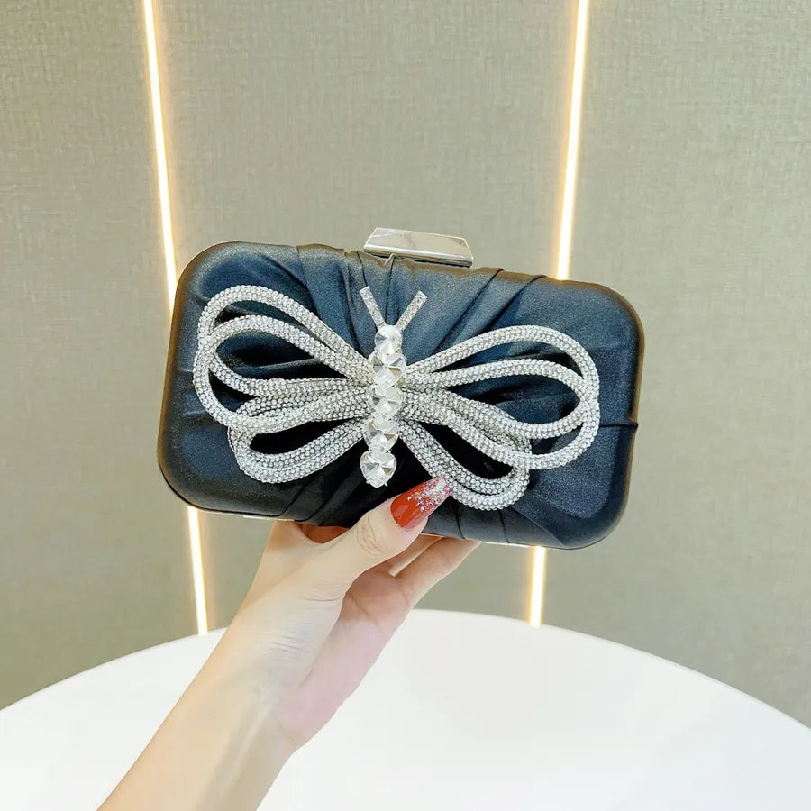 Elegant Diamond Butterfly Knot Clutch Bag Shoulder Crossbody Bag For Women Party Dinner Bag Silk Square Handbag Fashionable