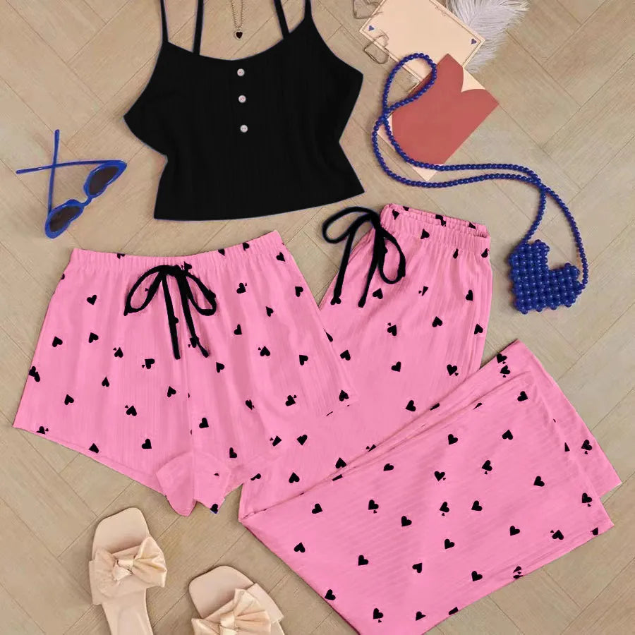 New Heart Shaped Women's Sleepwear Set Cute Summer Home Clothes Three Piece Sweet Style Comfortable Sexy V Neck Sleeveless