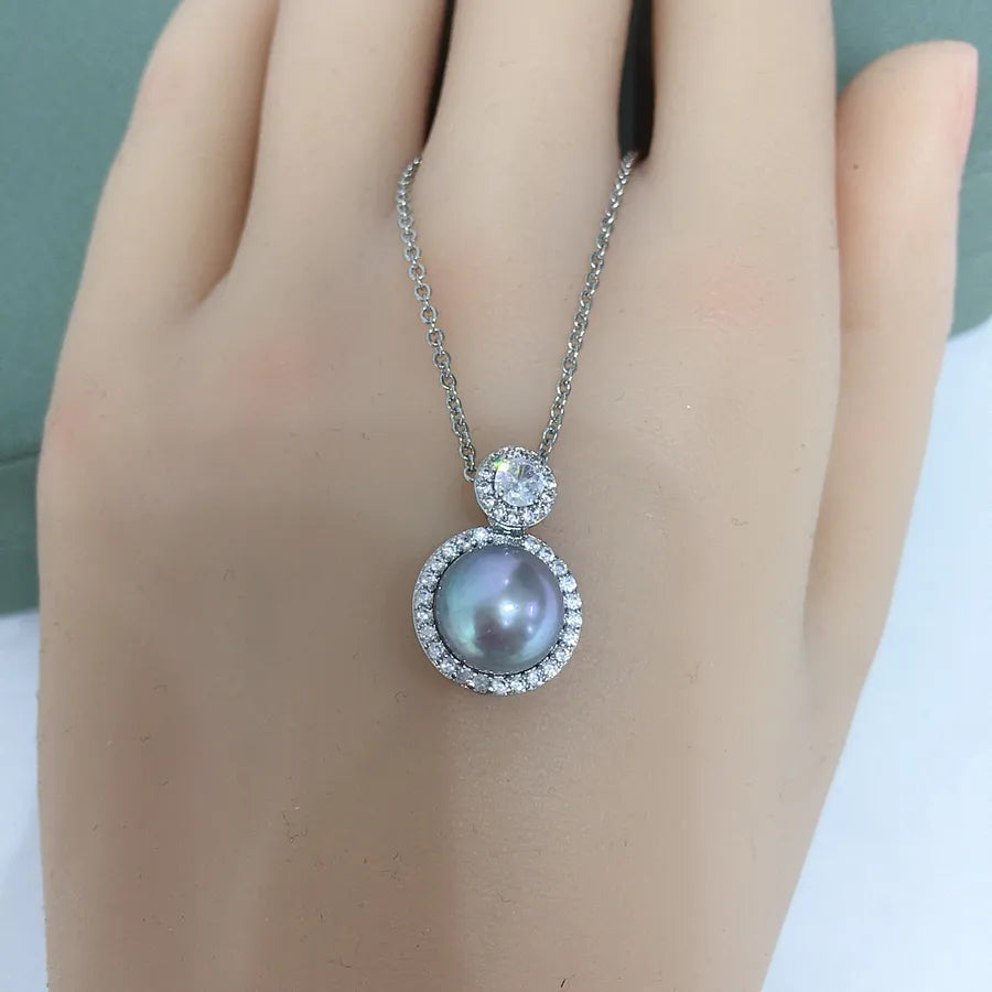 New Boutique 18K Gold Craft Princess Zircon Natural Freshwater Pearl Necklace Round Pearl Pendant