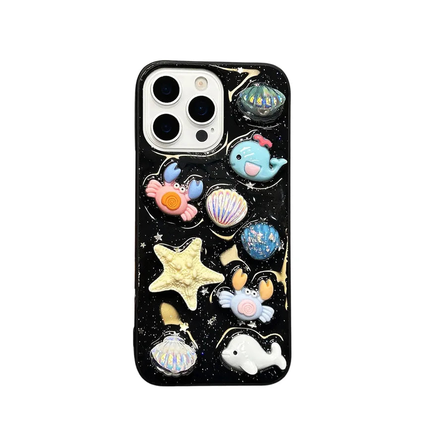 Ocean Life iPhone 15 Pro Max Phone Case Women's Style Drip Glue Protective Cover Personalized Design Handmade TPU Transparent Black