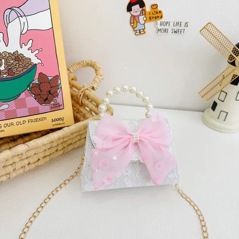 New Children's Bag Crossbody Bag Fashion Pearl Handbag Lace Bow Girl Princess Accessories Bag