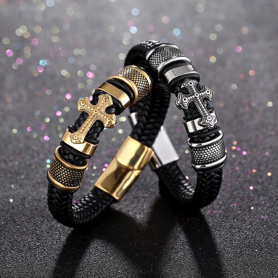 classic style cross pu leather alloy plating men's bangle