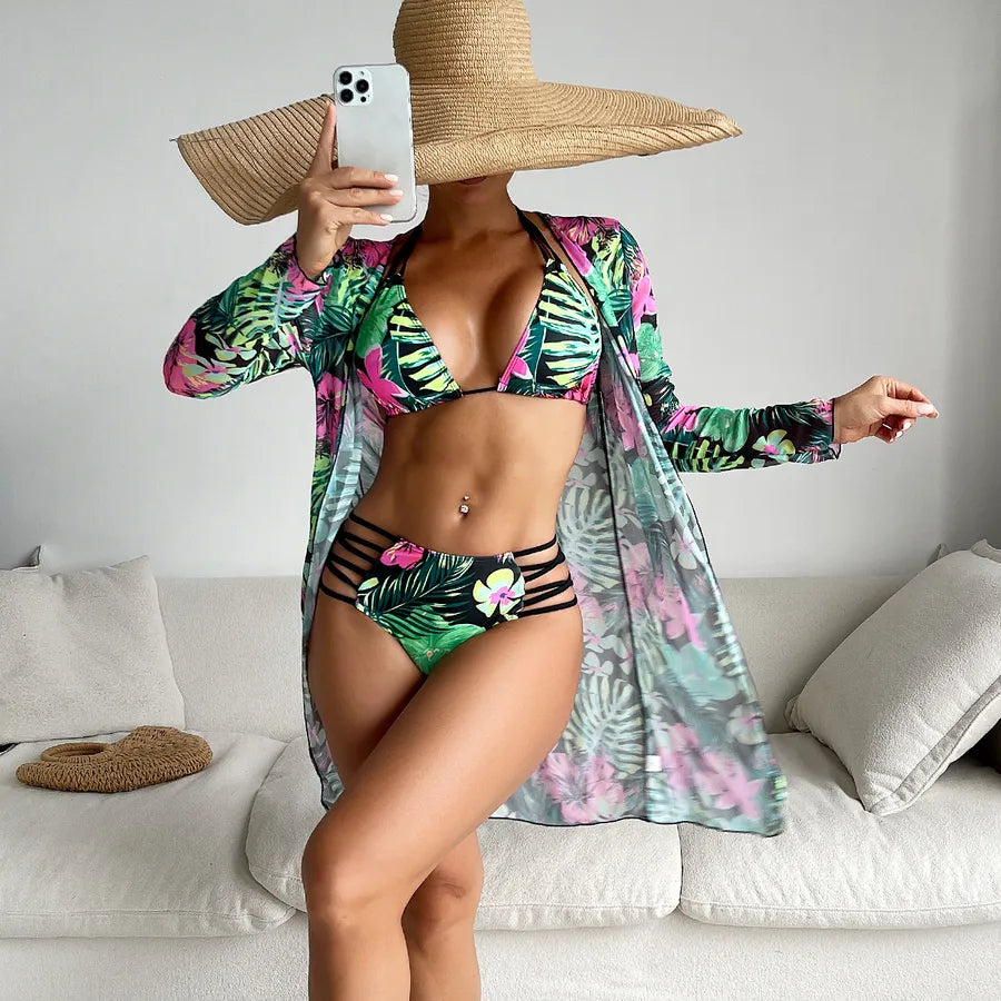 Women's Flower 3 Pieces Set Bikinis Swimwear