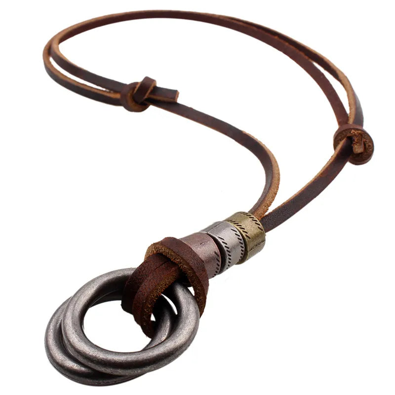 1 piece retro double ring alloy leather rope men's sweater chain
