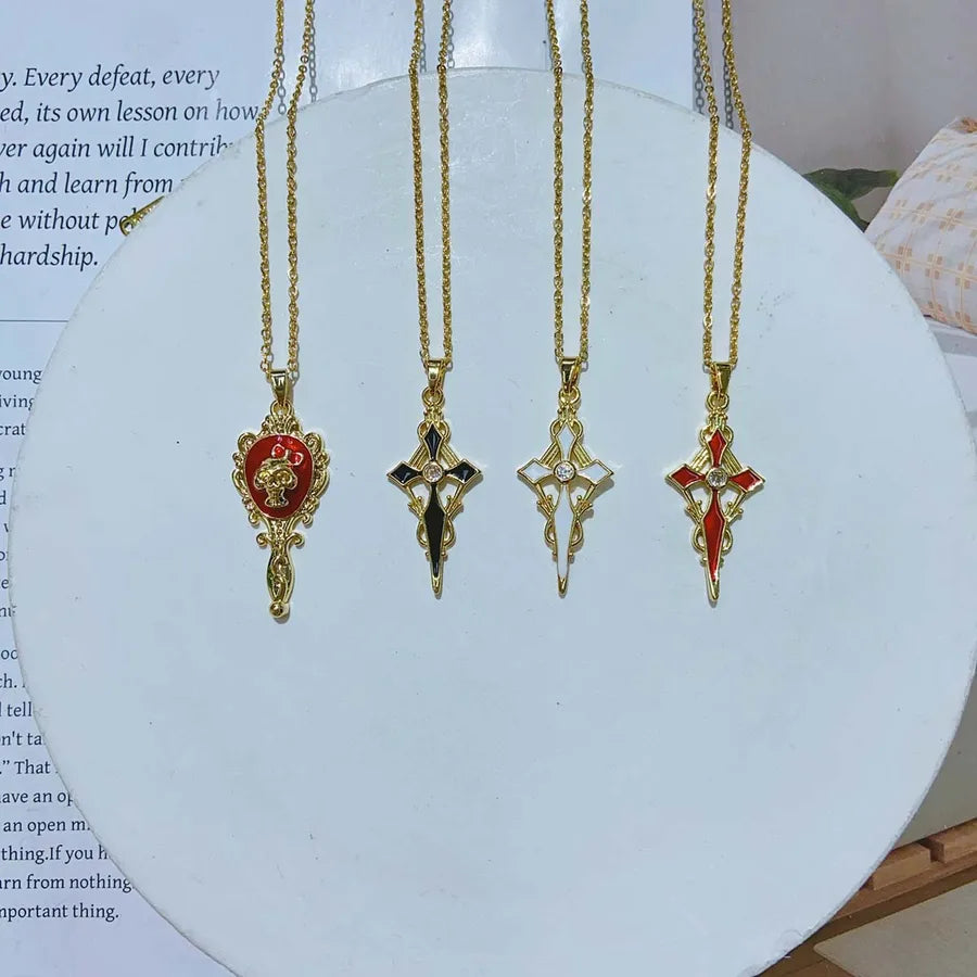 Wholesale Jewelry Religion Romantic Artistic Cross Key 304 Stainless Steel Copper Zircon 18K Gold Plated Enamel Plating Inlay cable chain Pendant Necklace