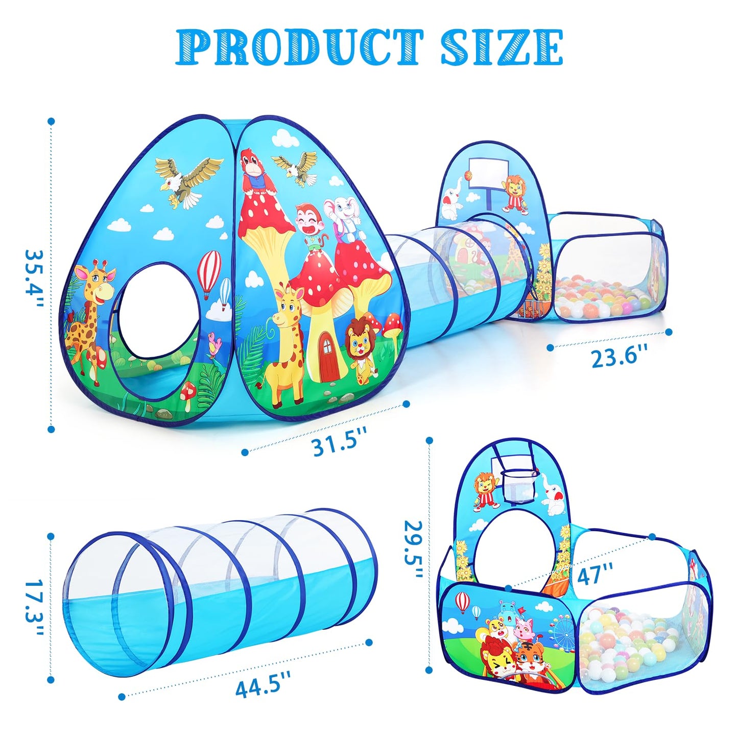 PigPigPen 3 in 1 Kids Play Tent with Tunnel and Ball Pit – Jungle Theme Pop Up Playhouse