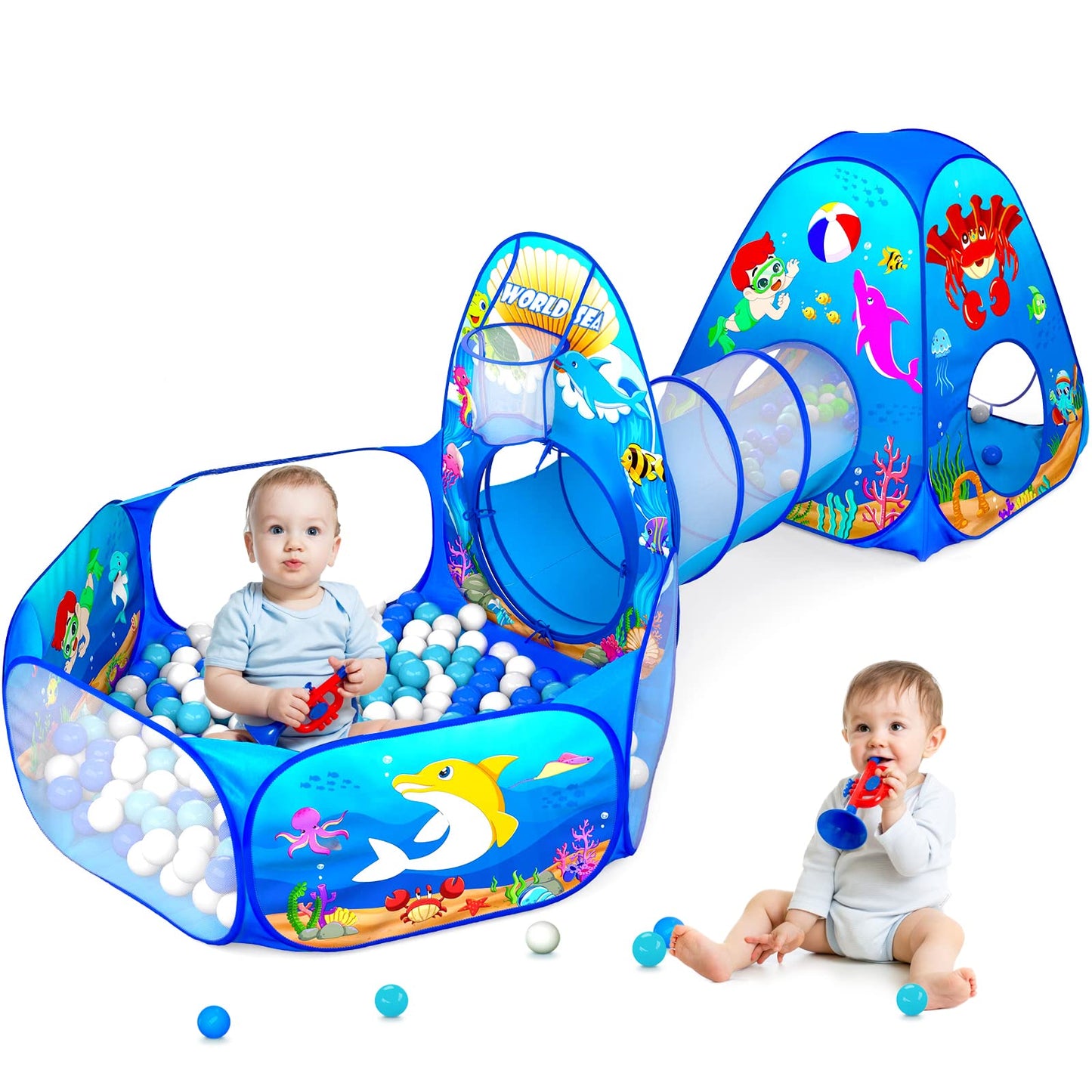 PigPigPen 3 in 1 Ocean Play Tent – Tunnel & Ball Pit for Kids (Indoor/Outdoor)